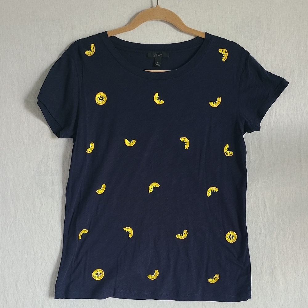 J. Crew Navy Blue Short Sleeve Tee with Yellow Embroidered Motifs
